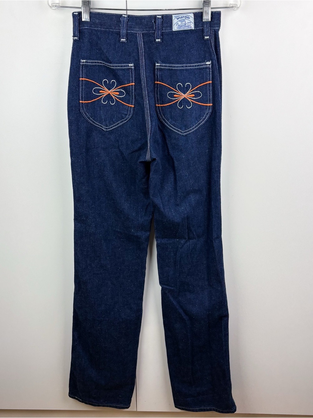 Vintage 70s Wrangler Clover Embroidered Groovy High Rise Straight Leg Jeans Blue - Picture 8 of 9